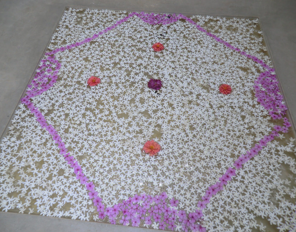 Floating fresh jasmine and other tropical flowers in the hotel lobby